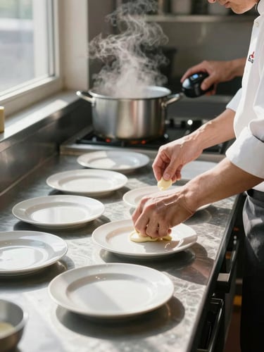 Close-up of hands arranging individual plates on a stainless steel pass, kitchen in controlled motion behind — steam rising from pots, a cook checking a timer, natural window light from the left casting sharp shadows across the marble counter, food being portioned with precision