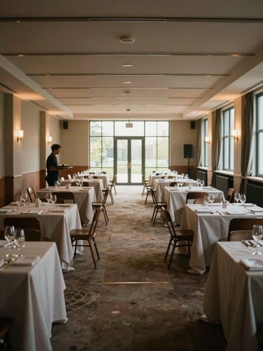 Wide shot of an empty event room mid-transformation, tables half-set with linen and glassware, a crew member visible in the left third carrying a tray, warm tungsten light mixing with natural light from tall windows at the far end, strong perspective lines leading into the space