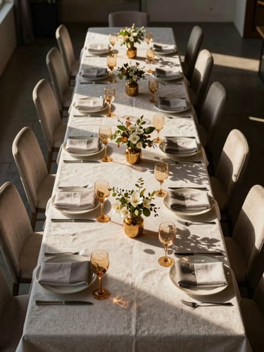 Overhead study of a long banquet table fully dressed — layered linens, structured centrepieces, folded napkins, glasses catching warm window light from the side, empty seats suggesting the room is moments before filling, shot from directly above with strong natural light and deep shadows between place settings