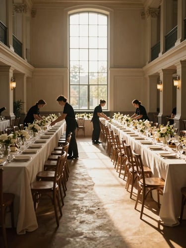 Wide environmental shot from inside a grand banquet hall mid-transformation — long linen-covered tables stretching toward tall windows, warm golden light flooding the room, staff in dark aprons arranging centrepieces in the middle distance, empty chairs waiting to be filled, strong shadow contrast from afternoon sun cutting across the floor