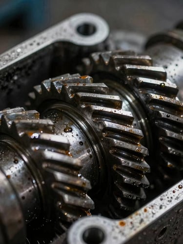 Close-up of oily metal gears and mechanical components inside an industrial gearbox assembly.