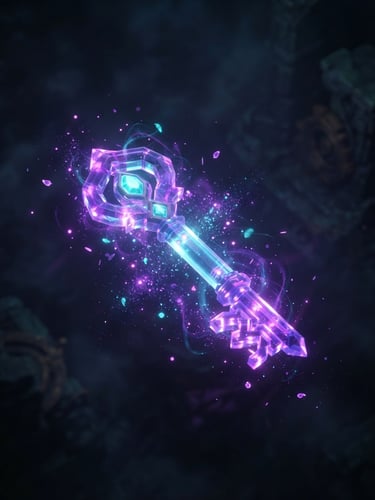 3d render, isolated floating crystal key glowing with purple and cyan particle effects, dark atmospheric background, sharp focus, isometric perspective