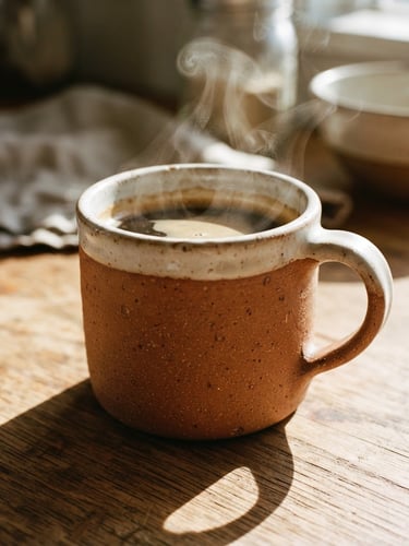 Close-up of a heavy terracotta mug on a wooden kitchen table, direct warm sunlight casting sharp shadows, steam rising, macro 35mm