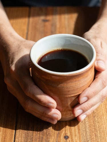 Close-up of hands holding a heavy, thick-rimmed terracotta mug filled with black coffee, warm direct sunlight casting sharp dramatic shadows on a rustic wooden table