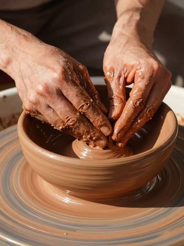 Close-up of a potter's hands shaping a thick clay bowl on a wheel, wet terracotta clay, warm direct sunlight, sharp shadows, macro 35mm