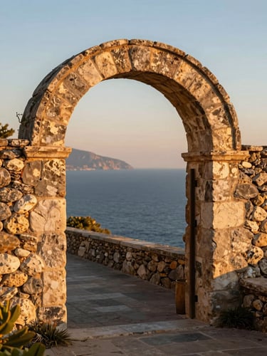 A quiet, uncrowded sunlit stone archway overlooking a pristine Mediterranean coastline at golden hour, warm editorial travel photography, 35mm