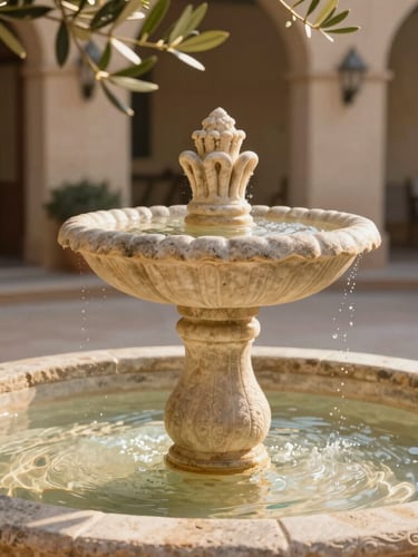 Intimate close-up of a hand-carved stone courtyard fountain in a boutique hotel, soft morning light filtering through olive branches, warm sand tones, 35mm