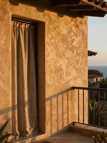 Warm golden hour light hitting the textured plaster wall and linen drapes of a private boutique villa balcony, 35mm editorial travel photography.