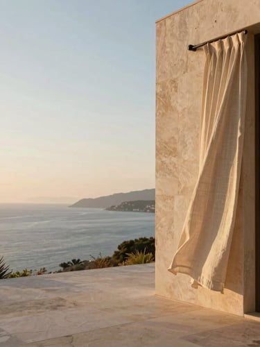 Low-angle shot of a minimalist limestone villa terrace overlooking a calm Mediterranean bay at dawn, warm morning light, soft linen curtains blowing, 35mm