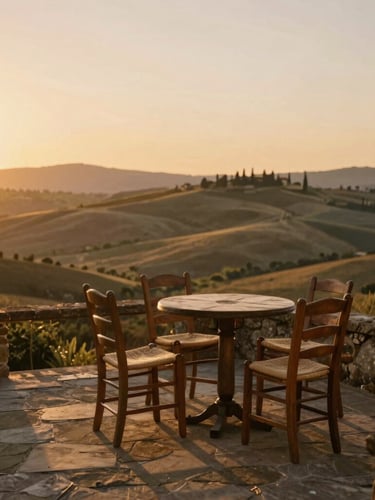 A quiet, warm-toned editorial photograph of a stone terrace overlooking the Tuscan hills at sunset, empty wooden chairs, soft golden light, 35mm
