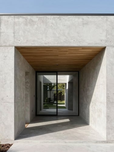 Straight-on architectural elevation of a modern concrete and oak residence, bright natural daylight casting sharp shadows across clean-lined spaces, minimalist exterior, 35mm lens photography.