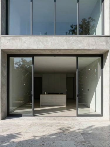 Straight-on architectural elevation of a concrete and glass modern house, sharp shadows, travertine floor, daylight