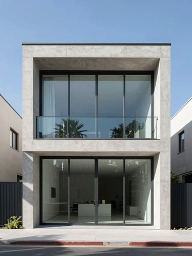 Straight-on architectural elevation of a modern concrete and glass residence, sharp shadows, bright natural daylight, minimalist exterior, 35mm lens