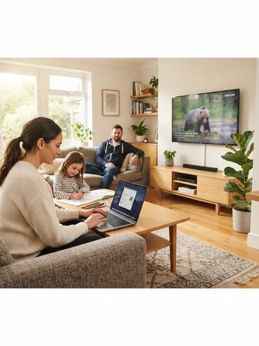 Wide panoramic view of a modern, clean living room bathed in warm natural morning light, a family quietly interacting, one person on a laptop, another watching a smart TV in the background, a sleek Fiberking router visible in a tidy corner, shallow depth of field, 35mm.