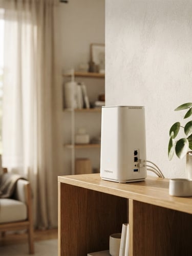 Router Fiberking yang estetik di sudut ruangan modern, cahaya alami pagi hari, fokus pada detail perangkat.