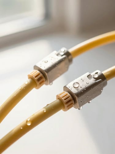 Close-up perbandingan kabel serat optik yang bersih dengan kabel tembaga lama yang berkarat, di bawah tetesan air hujan, cahaya alami, fokus tajam.