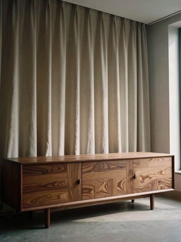 A minimalist penthouse interior with a low-slung walnut credenza, raw silk drapery, dramatic side-lit window daylight, medium format film