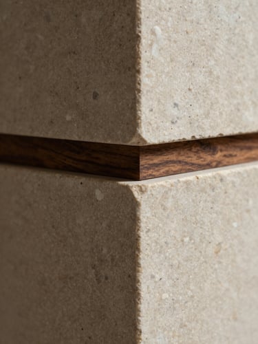 Extreme close-up macro detail of a raw travertine block meeting a dark walnut timber junction, soft side lighting, rich textured neutrals