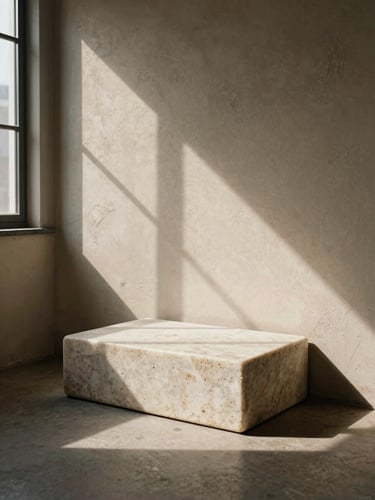 A monolithic travertine plinth casting dramatic low-angle shadows on a textured plaster wall, warm editorial photography, side-lit window daylight, medium format film