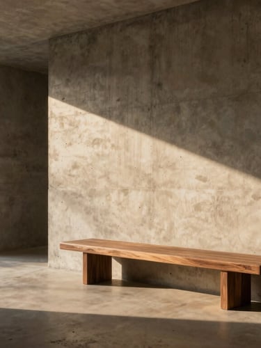 Minimalist residential corridor with raw concrete walls, a single monolithic walnut bench, dramatic golden hour light slicing across the floor, wide architectural elevation
