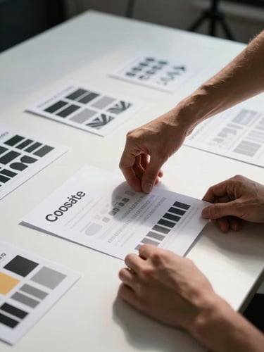 Close-up of hands arranging printed brand collateral sheets on a wide white table in a studio, overhead studio strobe lighting casting clean shadows, identity system cards and type specimens visible, no faces, cool daylight supplement from the side