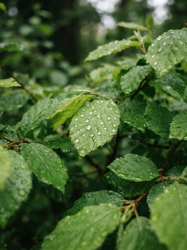 Close-up detail shot of fresh green leaves with water droplets in soft morning light, shallow depth of field, 35mm