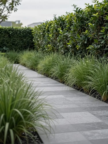 Low-angle shot of a perfectly manicured modern garden path lined with healthy ornamental grasses, overcast daylight, 35mm