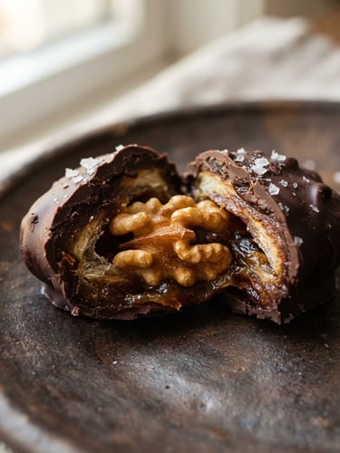 Macro shot of a chocolate-covered Medjool date sliced in half, revealing a roasted walnut center, soft side-lit window light, rich cacao tones.