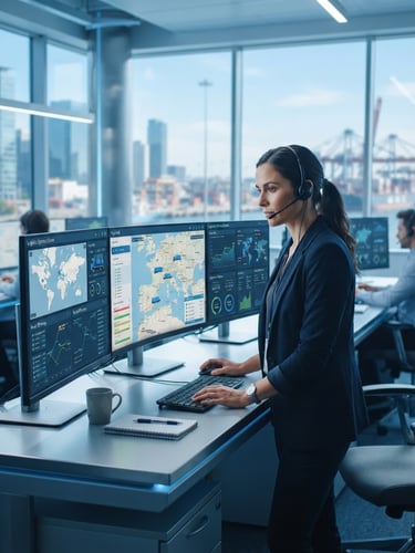A professional logistics coordinator looking at high-tech GPS tracking screens in a modern, bright control room, morning daylight, cool blue tones