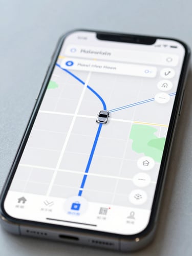 Close-up of a smartphone screen displaying a clean map interface with active vehicle tracking routes, bright daylight, professional corporate aesthetic