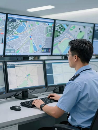 A professional transport dispatcher in a clean uniform monitoring GPS tracking screens in a modern control center, cool blue tones, sharp focus.