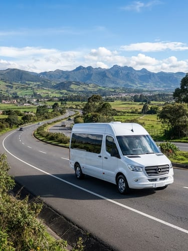 Wide environmental shot of a spotless white executive Mercedes-Benz transport van driving along the scenic Sabana de Bogotá highway under bright morning daylight, clean reflections, professional editorial style