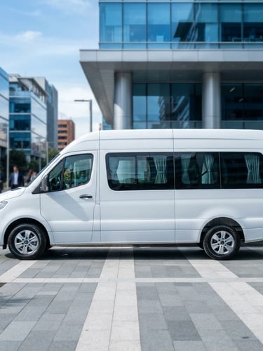 Close-up side-profile of a spotless modern white executive transport van parked in a clean corporate plaza in Bogotá, bright morning daylight, sharp focus, professional editorial style