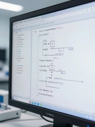 Close-up of technical schematics and algorithmic code displayed on a high-resolution screen in a bright research lab