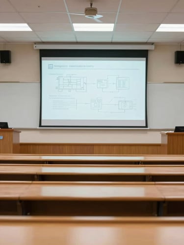 A bright, clean university lecture hall in Mangaluru with professional academic lighting, showing empty wooden desks and a large projection screen displaying technical schematics.