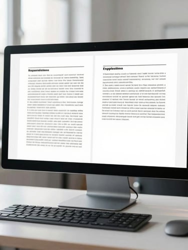 A clean academic desk with a double-column research paper template displayed on a high-resolution monitor, bright natural daylight, professional cool tones