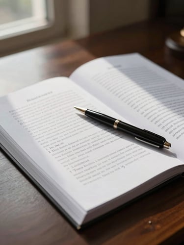 Close detail of a lawyer's desk, case files open with handwritten margin notes, a pen resting on legal text, natural window light from the left casting soft shadows across the documents