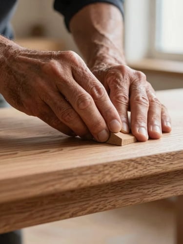 A close-up portrait shot of a seasoned woodworker's hands gently sanding a smooth piece of finished oak furniture, soft directional window light highlighting the grain, shallow depth of field.