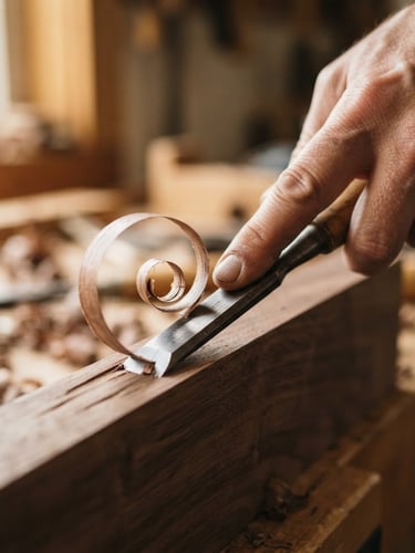 Close-up of a skilled hand holding a sharp wood chisel, creating a long, curly shaving from a piece of walnut, soft directional window light, rich wood tones, shallow depth of field.