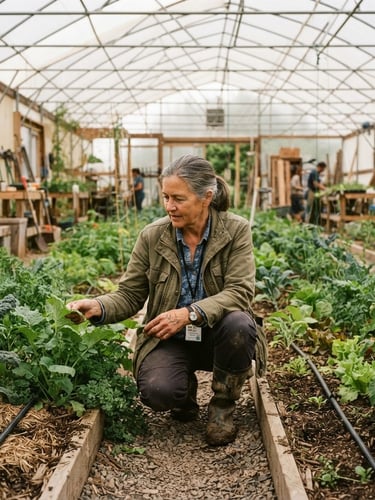 A wide environmental portrait of a local agricultural leader inspecting a sustainable greenhouse crop, soft warm overcast daylight, muted earth tones, authentic documentary style.