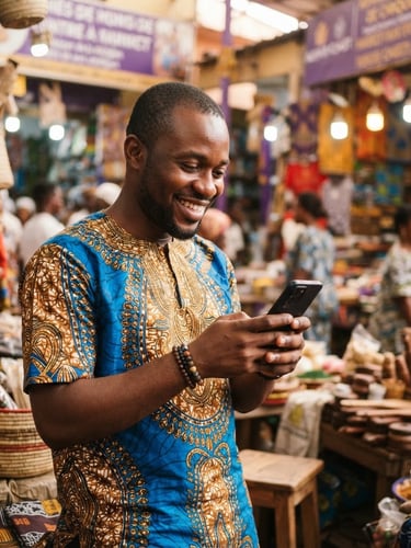 Entrepreneur ivoirien souriant utilisant un smartphone dans un marché local moderne, lumière naturelle chaude, couleurs vibrantes, faible profondeur de champ, violet et or en arrière-plan.