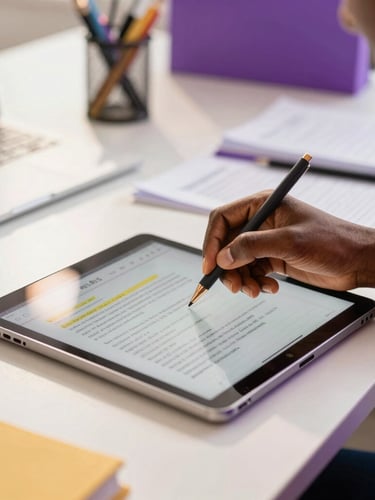 Gros plan sur les mains d'un membre de l'équipe APY Digital Solutions planifiant du contenu sur une tablette, avec des notes manuscrites et des éclats de lumière dorée, dans un bureau moderne et lumineux à Abidjan, faible profondeur de champ.