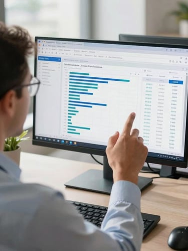 Over-the-shoulder shot of a South African accountant analyzing a clean financial dashboard on a dual-monitor setup, bright natural morning light, modern office setting.