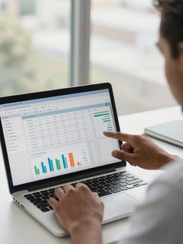 Over-the-shoulder shot of a South African entrepreneur analyzing a clean financial dashboard on a modern laptop screen, bright natural daylight filtering through office windows.