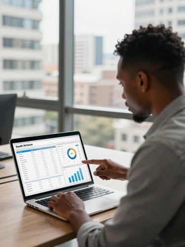 Over-the-shoulder shot of a modern South African entrepreneur reviewing a clean financial dashboard on a laptop, bright natural daylight streaming through an office window in Sandton.