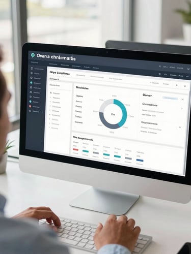Over-the-shoulder shot of a South African entrepreneur working on a clean digital compliance dashboard, bright natural daylight, modern office setting.