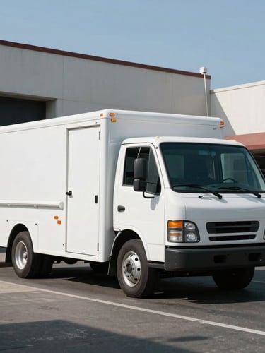 A clean, branded white utility truck parked on a sterile Oakland commercial street during bright daylight, sharp architectural lines.