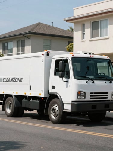 A spotless white CleanZone utility truck parked on a clean Oakland residential street during bright daylight, sharp architectural framing