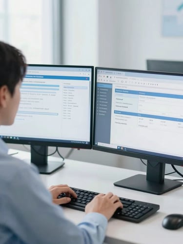 Over-the-shoulder perspective of a professional billing specialist working with dual monitors in a bright, modern clinical office with soft window light.