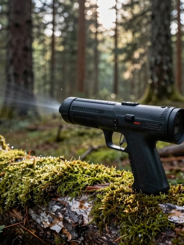 Close-up of a high-tech laser game receiver and tagger resting on a mossy log, morning dew, sunlight filtering through pine trees, sharp focus.